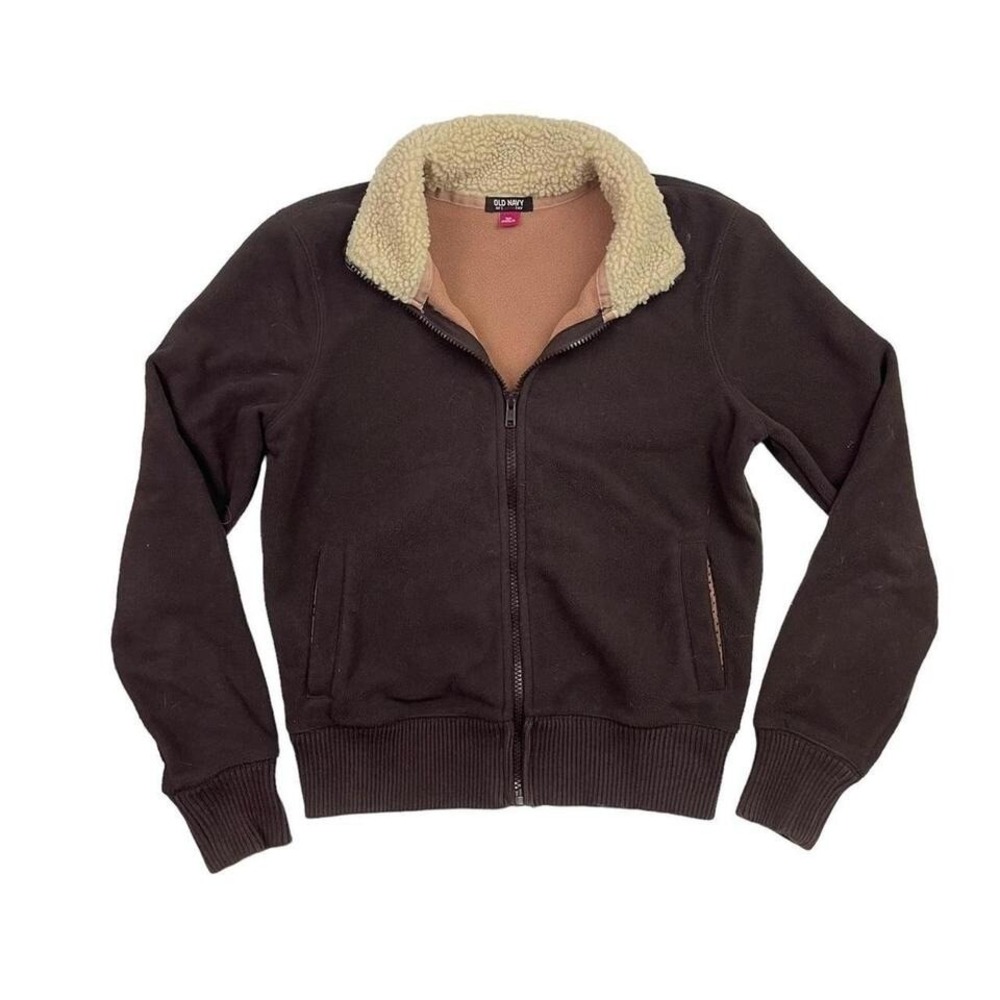old navy active brown fleece sherpa collared jacket XS shearling zip up grunge